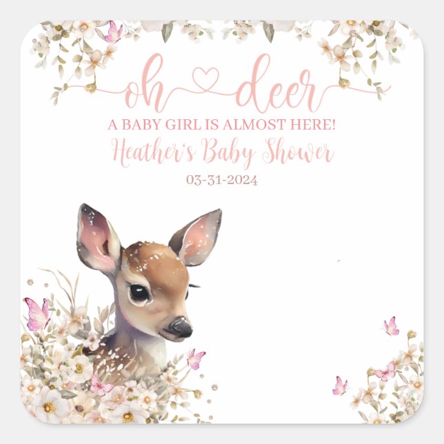 Woodland Deer Baby Shower Girl Quadratischer Aufkleber (Vorderseite)