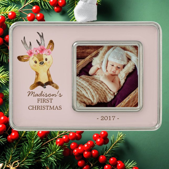 Woodland Deer Baby's 1. Weihnachts-Foto Ornament Rahmen-Ornament Silber (Von Creator hochgeladen)