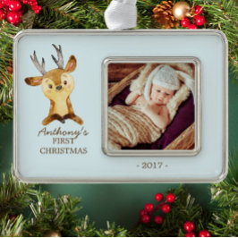 Woodland Deer Baby's 1. Weihnachts-Foto Ornament Rahmen-Ornament Silber