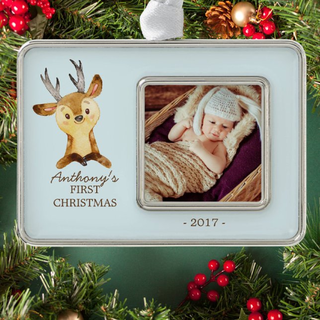 Woodland Deer Baby's 1. Weihnachts-Foto Ornament Rahmen-Ornament Silber (Von Creator hochgeladen)