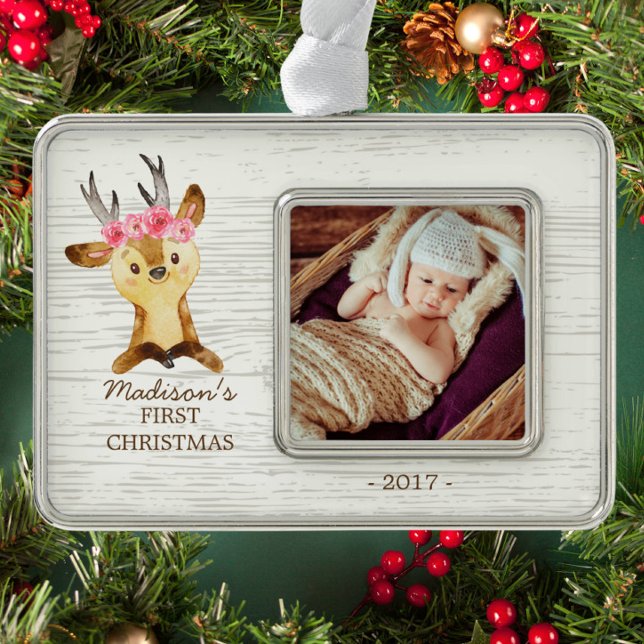 Woodland Deer Baby's 1. Weihnachts-Foto Ornament Rahmen-Ornament Silber (Von Creator hochgeladen)