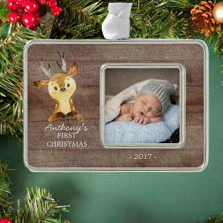 Woodland Deer Baby's 1. Weihnachts-Foto Ornament Rahmen-Ornament Silber