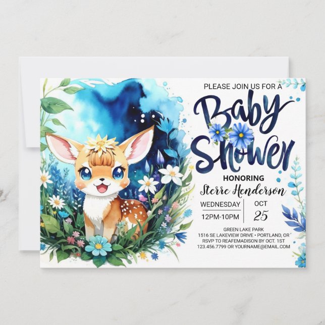 Woodland Deer Blue Boy Baby Dusche Einladung (Vorderseite)