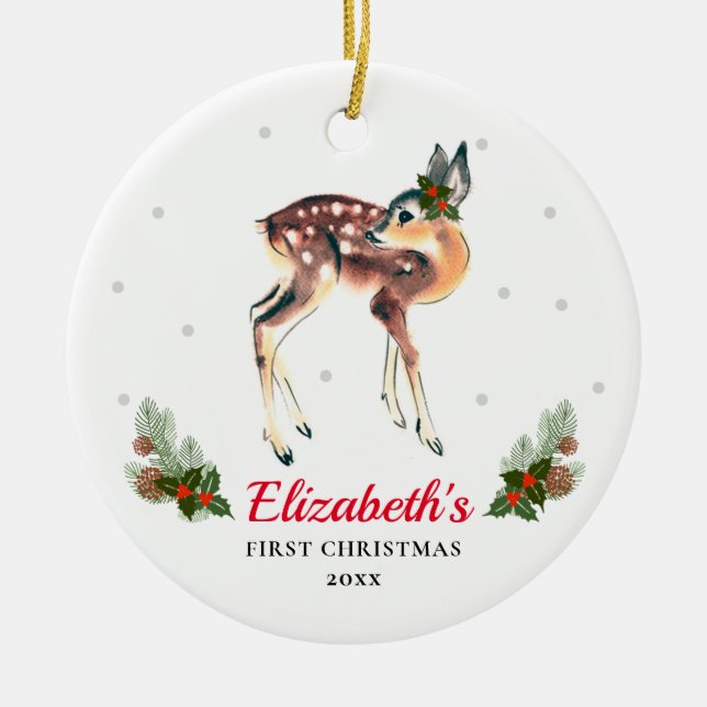 Woodland Deer Fawn Baby's 1st Christmas Custom Keramik Ornament (Vorne)