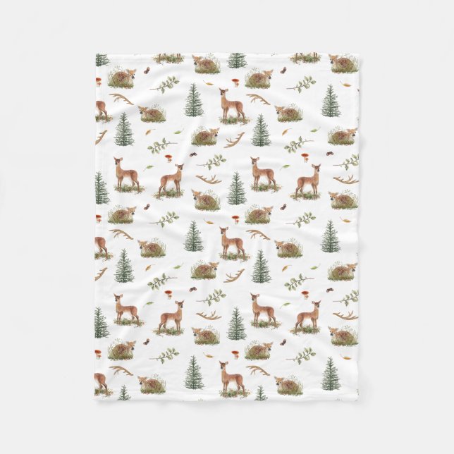 Woodland Deer Fawn Pattern Baby White Fleecedecke (Vorderseite)