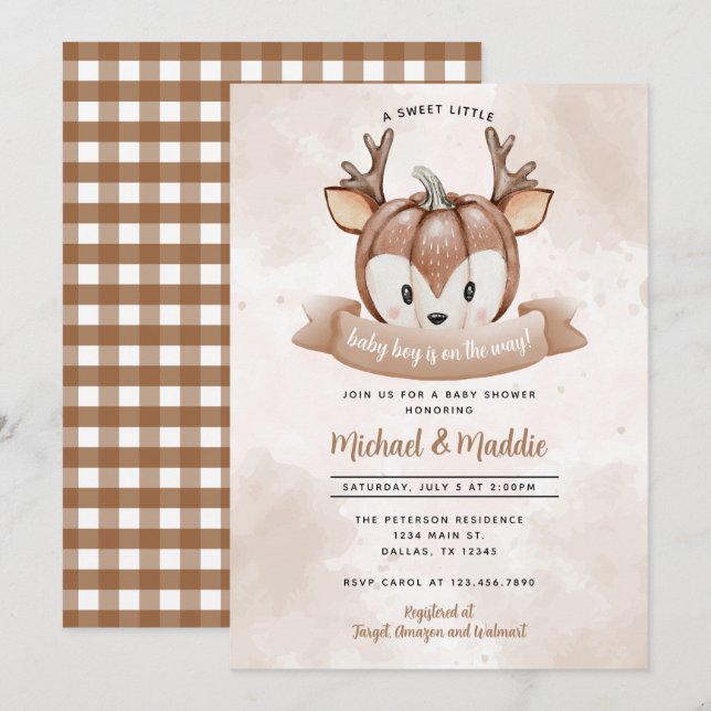 Woodland Deer Fawn Pumpkin Baby Shower Einladung (Vorne/Hinten)