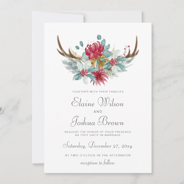 Woodland Deer Floral Antler Winter Wedding Einladung (Vorderseite)