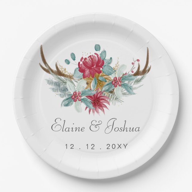 Woodland Deer Floral Antler Winter Wedding Pappteller (Vorderseite)
