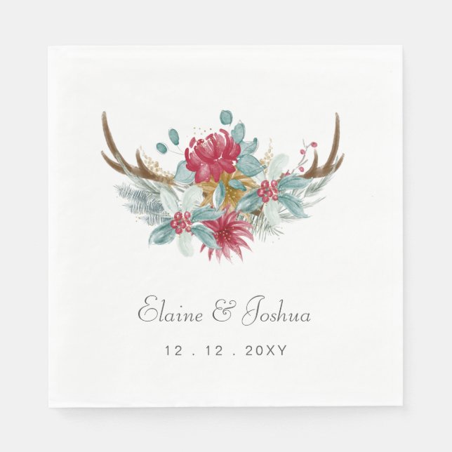 Woodland Deer Floral Antler Winter Wedding Serviette (Vorderseite)