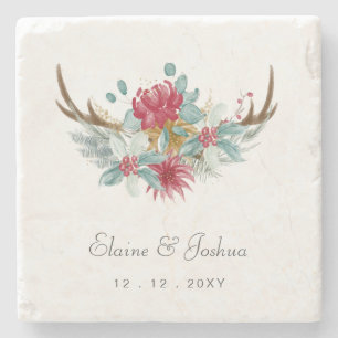 Woodland Deer Floral Antler Winter Wedding Steinuntersetzer