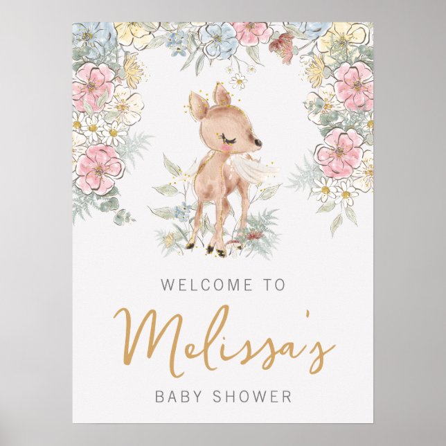 Woodland Deer Floral Baby Dusche Willkommen Poster (Vorne)