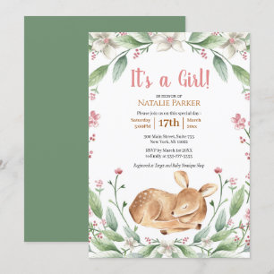 Woodland Deer Floral Greenery Girl Baby Shower Einladung