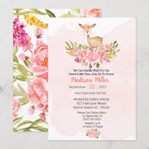 Woodland Deer Floral Pink Kinderdusche Einladung