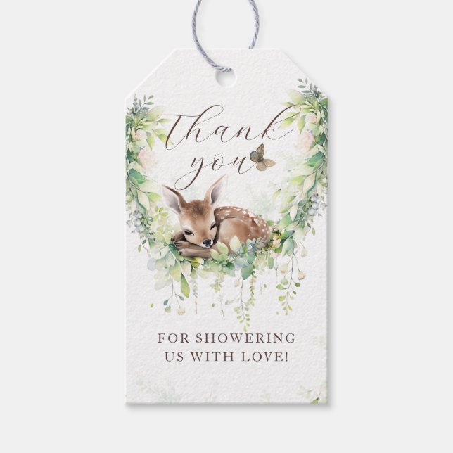 Woodland Deer Forest Greenery Baby Boy Shower Geschenkanhänger (Vorderseite)