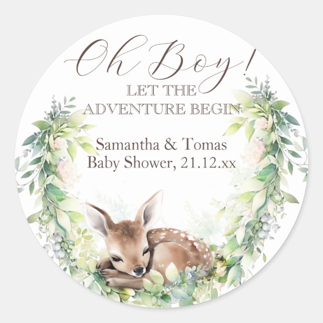 Woodland Deer Forest Greenery Baby Boy Shower Runder Aufkleber (Vorderseite)