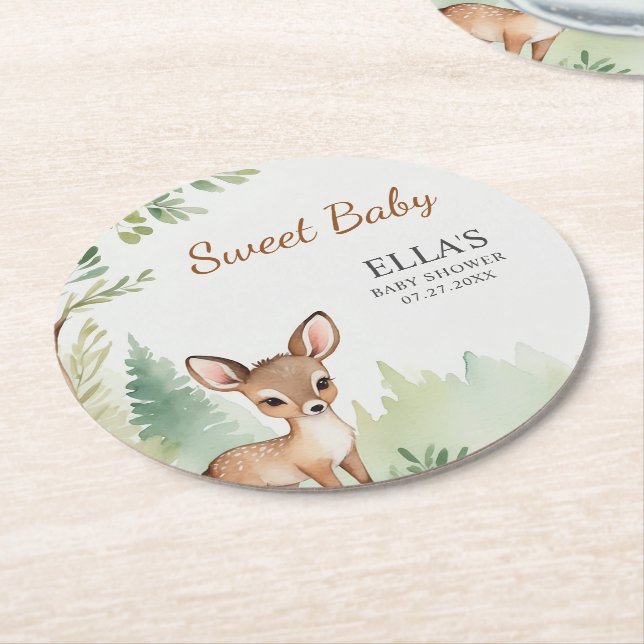 Woodland Deer Forest Neutral Baby Shower Party Runder Pappuntersetzer (Angewinkelt)