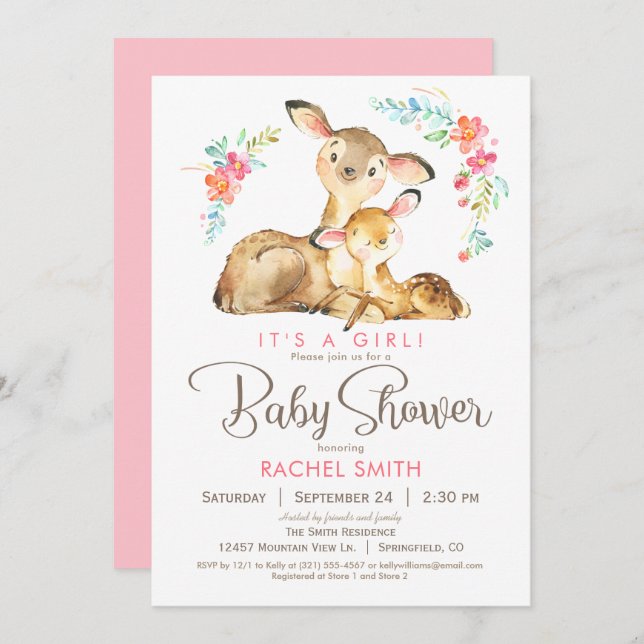 Woodland Deer Girl Baby Dusche Einladung (Vorne/Hinten)