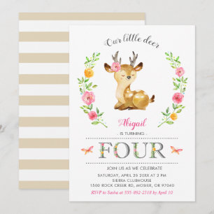 Woodland Deer Girl Floral 4. Geburtstag Einladung