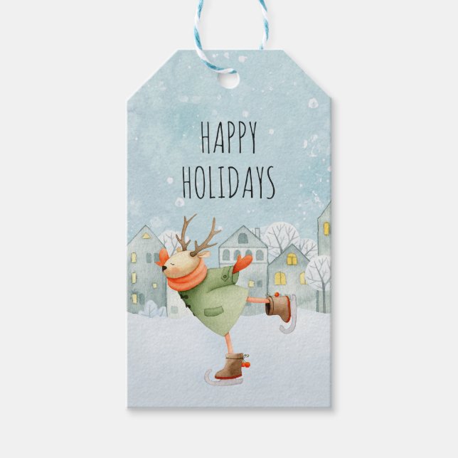 Woodland Deer Ice Skaten Happy Holidays Geschenkanhänger (Vorderseite)