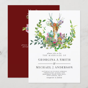Woodland Deer Illustriert Burgundy Wedding Einladung