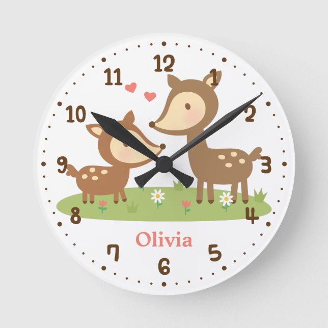 Woodland Deer Mother and Child Kids Room Decke Runde Wanduhr (Vorderseite)