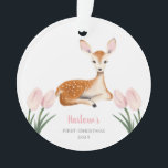 Woodland Deer Pink Baby's First Christmas Ornament<br><div class="desc">Cute Christmas ornament for a newborn baby featuring an illustration of a deer with pink flowers. The text says "XX's" FIRST CHRISTMAS.</div>