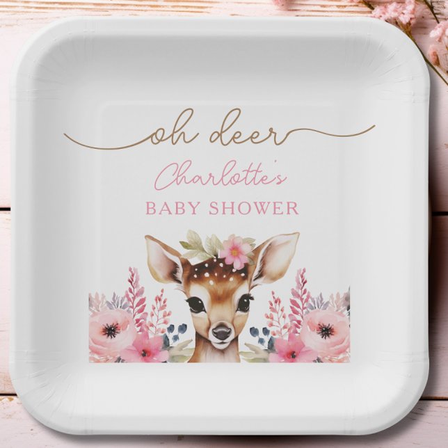 Woodland Deer Pink Floral Girl Baby Dusche Custom Pappteller (Woodland Deer Pink Floral Girl Baby Shower Custom Paper Plates)
