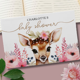 Woodland Deer Pink Gold Floral Girl Babydusche Gästebuch