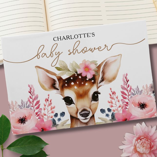 Woodland Deer Pink Gold Floral Girl Babydusche Gästebuch (Woodland Deer Pink Gold Floral Girl Baby Shower Guest Book)