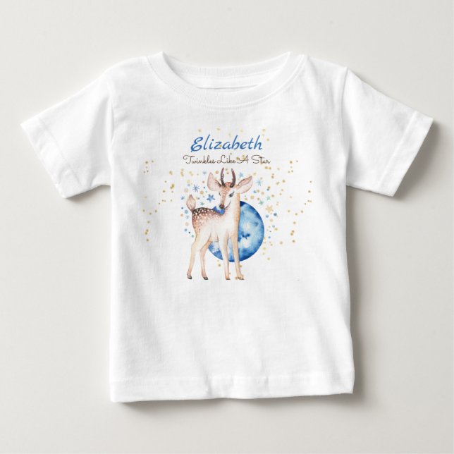 Woodland Deer Twinkle Stars Baby NAME Geschenk Blu T-shirt (Vorderseite)