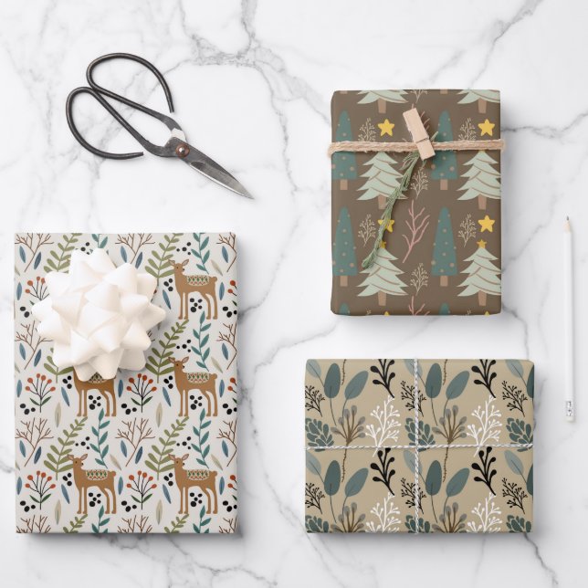 Woodland Earth Tones Muster Urlaub Geschenkpapier Set (Vorderseite)