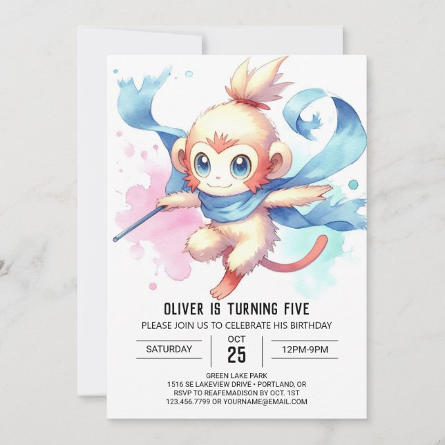 Woodland Editable Monkey Birthday Einladung (Vorderseite)