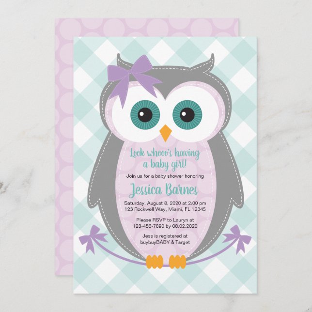 Woodland-Eule-Babydusche lädt Mädchen lila Münze e Einladung (Vorne/Hinten)