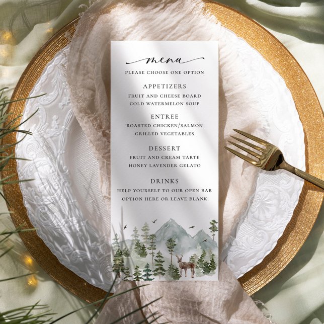 Woodland Evergreen Wedding Menu Werbekarte (Von Creator hochgeladen)