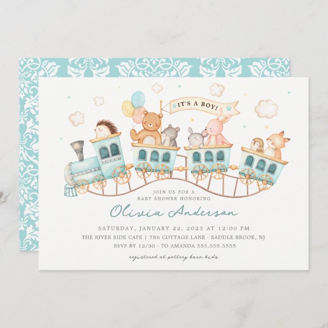 Woodland Express Babydusche Einladung (Vorne/Hinten)