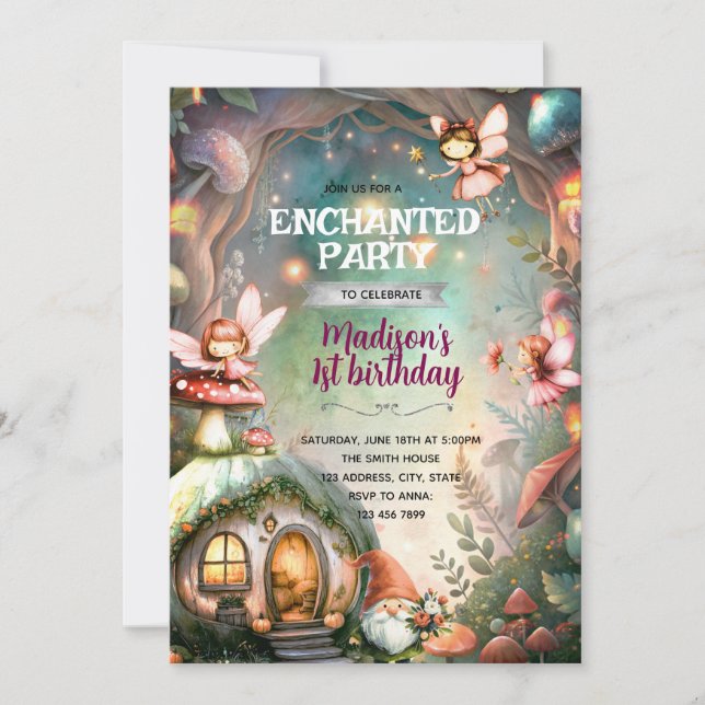 Woodland Fairy and Gnome Birthday Invitation Einladung (Vorderseite)