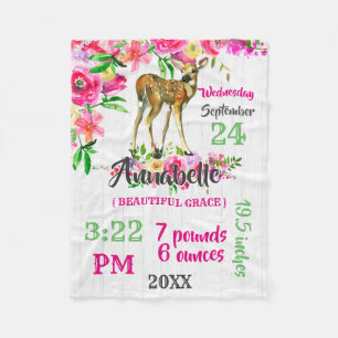 Woodland Fawn Deer Watercolor Baby Birth Stats Fleecedecke
