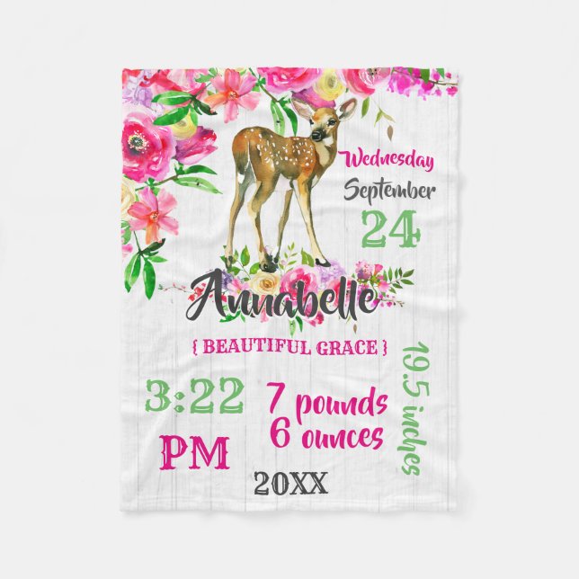 Woodland Fawn Deer Watercolor Baby Birth Stats Fleecedecke (Vorderseite)