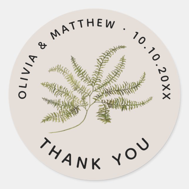 Woodland Fern Wedding Thank You. Minimalist Forest Runder Aufkleber (Vorderseite)