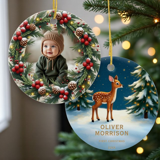 Woodland First Christmas Photo Keramik Ornament (Von Creator hochgeladen)