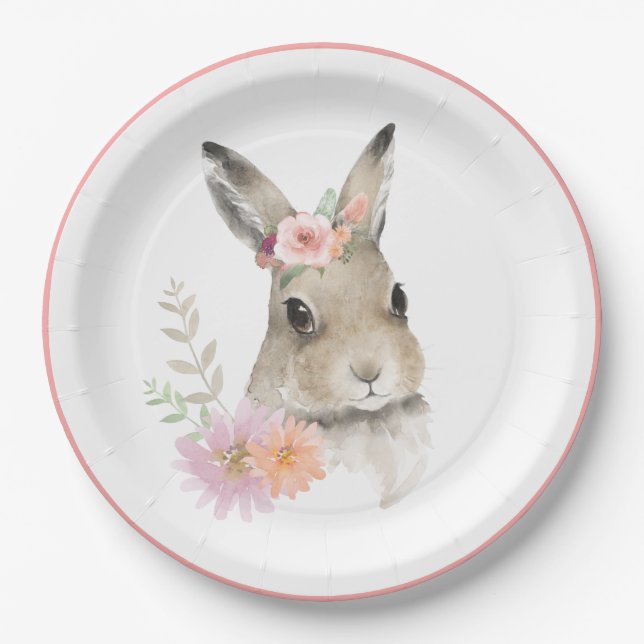 Woodland Floral Bunny Watercolor Kinderdusche Pappteller (Vorderseite)