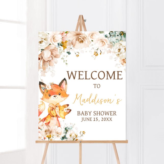 Woodland Floral Fox Babydusche Willkommen Poster (Fox Baby Shower Welcome Sign)