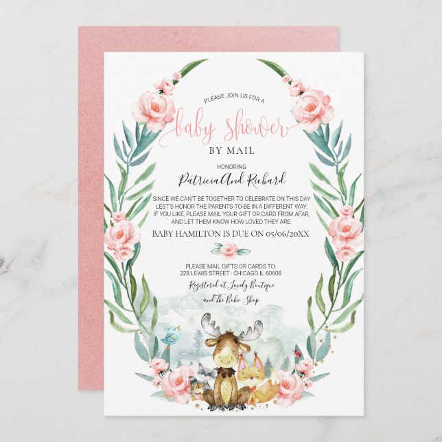 Woodland Floral Greenerity Kinderdusche per Mail Einladung (Vorne/Hinten)