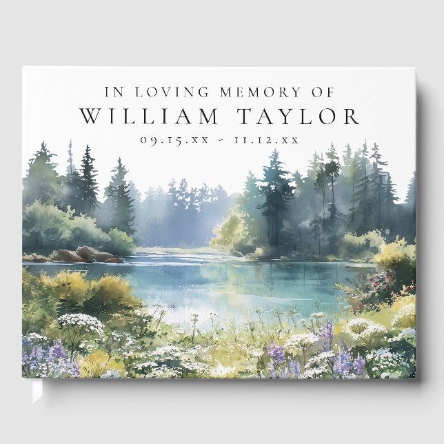 Woodland Floral Lake In Loving Memory Funeral Gästebuch (Vorderseite)