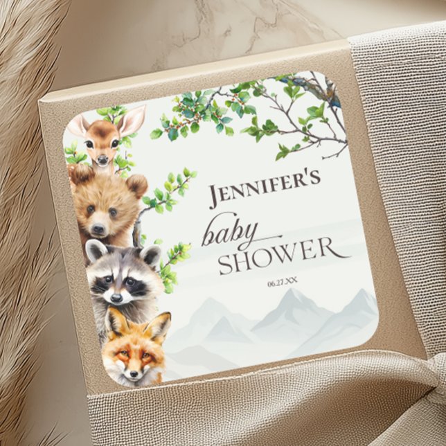 Woodland Forest Animals Baby Shower Favor Quadratischer Aufkleber (Von Creator hochgeladen)