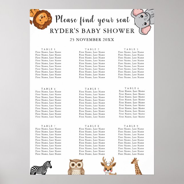 Woodland Forest Animals Baby Shower Seating Charts Poster (Vorne)