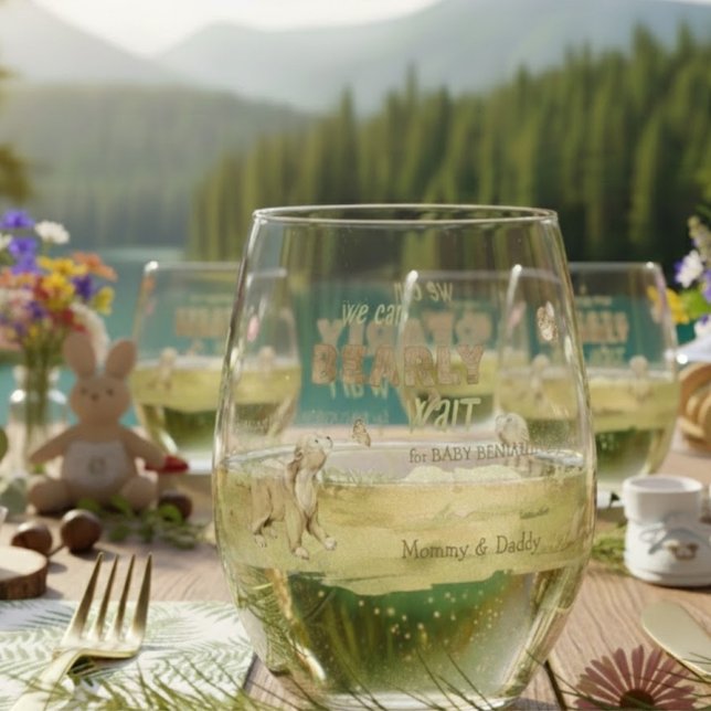 Woodland Forest Animals Bearly Wait Baby Shower Weinglas Ohne Stiel (Woodland Forest Animals Bearly Wait Baby Shower Stemless Wine Glass ©Susanne Sachers - Sunny Mind 🌞)