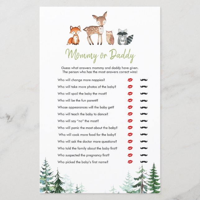 Woodland Forest Baby Shower Mommy oder Daddy Game (Vorderseite)