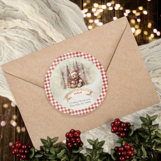 Woodland Forest Bear Holiday Return Address Runder Aufkleber (Baby Shower | Sprinkle or Christmas holiday rustic woodland return address envelope seal design)