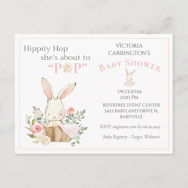 Woodland Forest Bunny Pink Floral Baby Dusche Postkarte (Vorderseite)
